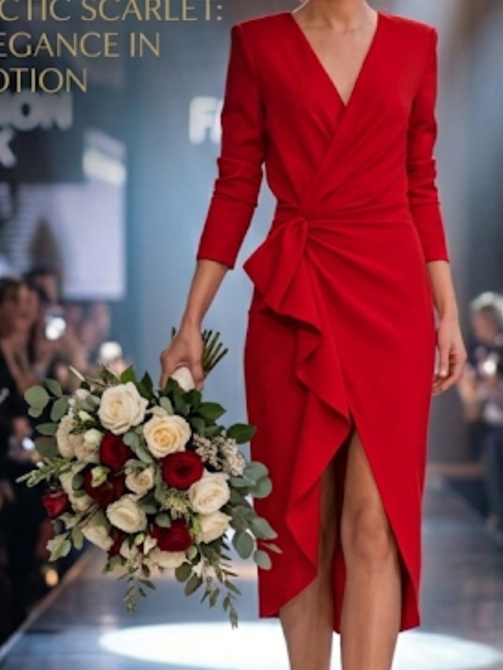 Celmia Scarlet Red V-Neck Faux Wrap Asymmetric Ruffle Midi Dress L 14